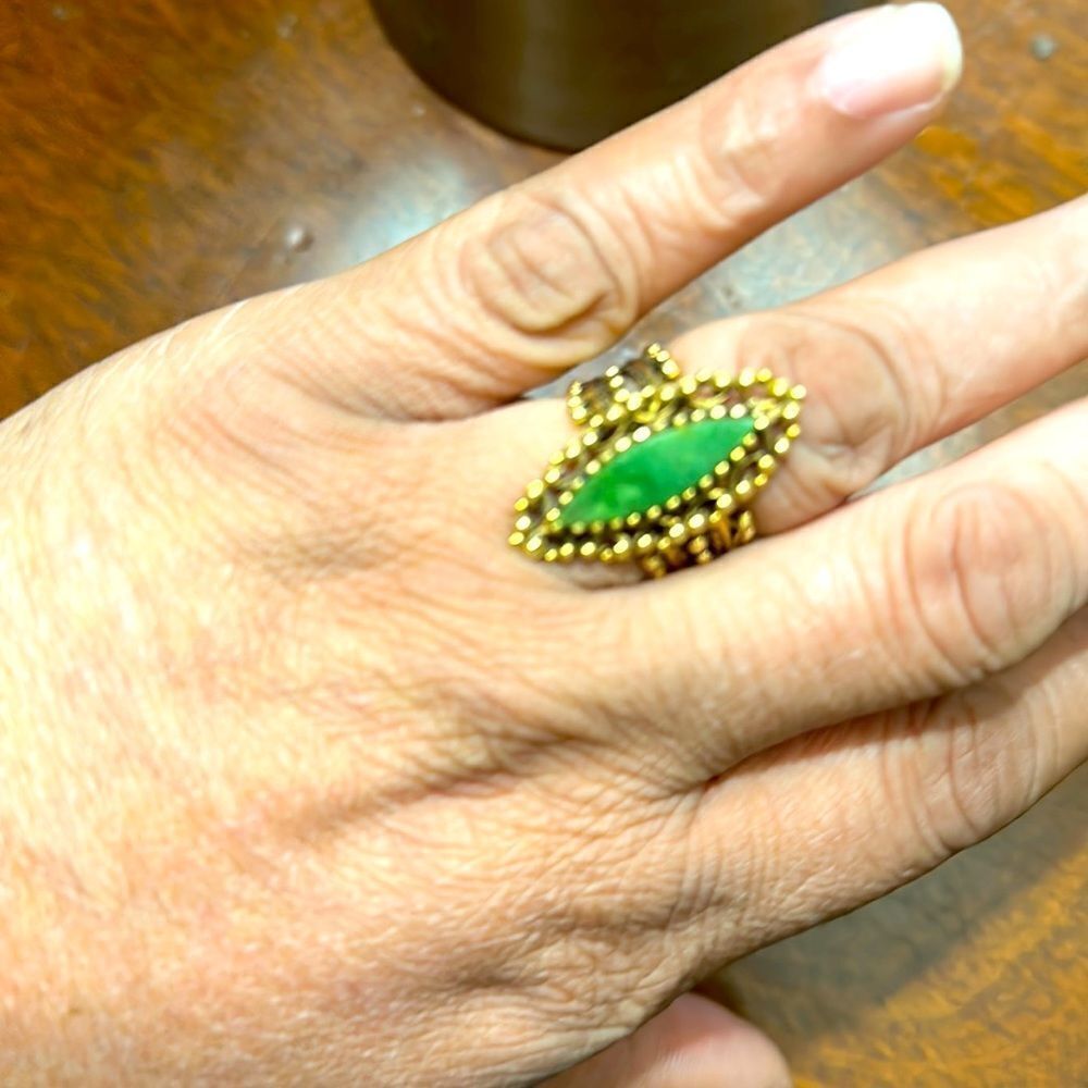 Vintage 14k Filagree Statement Ring with Large Green Stone